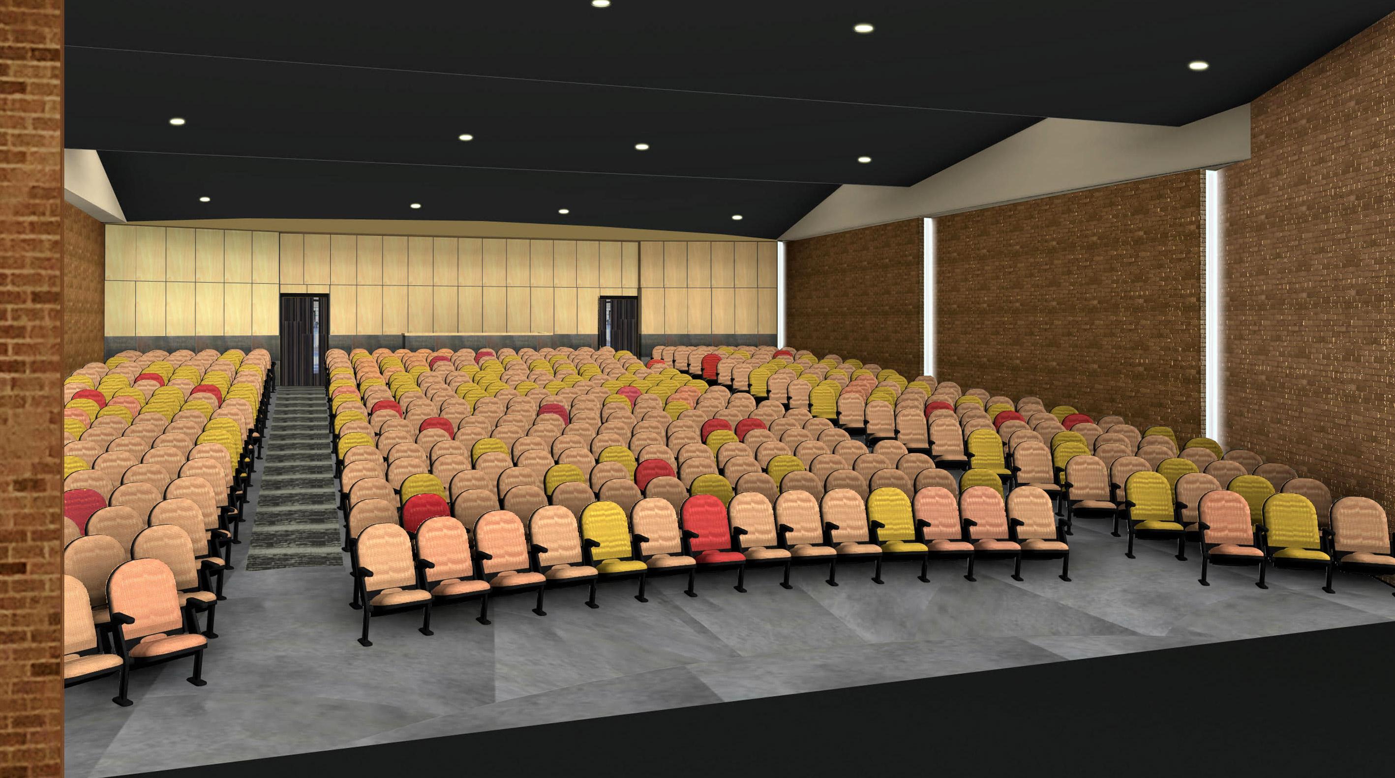 Rendering showing the updated Edson Auditorium interior from the stage looking into the audience seating.